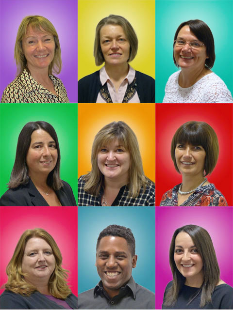 Montage of staff photographs on vibrant multi-coloured backgrounds